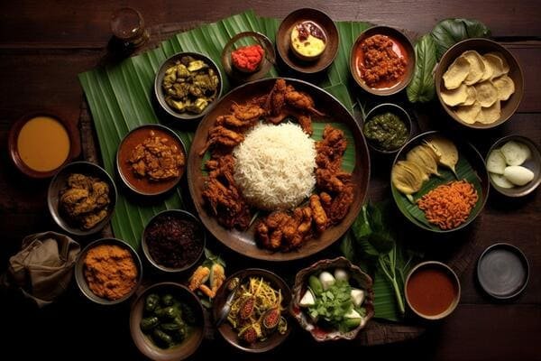 Traditional Sri Lankan rice and curry feast with authentic curries, sambols, and local side dishes