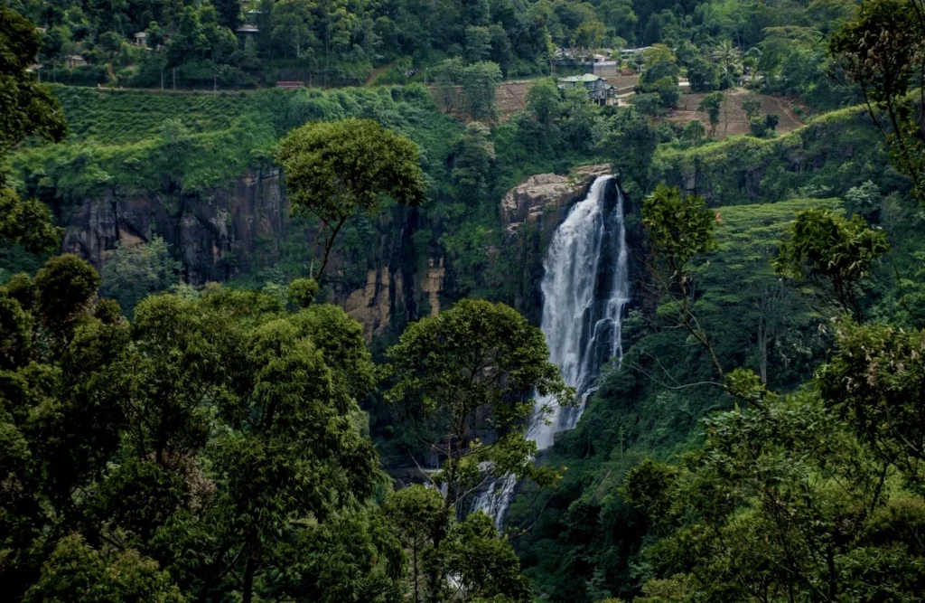 Devon Falls surrounded by lush tea plantations in Sri Lanka's central hill country near Nuwara Eliya.