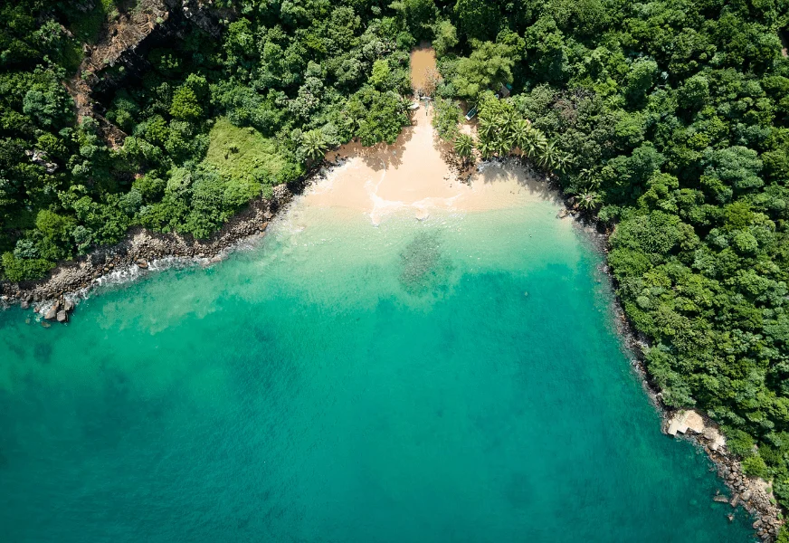 Aerial view of Jungle Beach in Trincomalee Sri Lanka with turquoise water and tropical rainforest