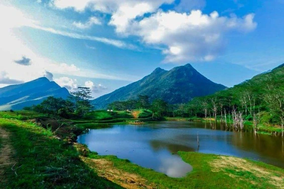 Riverston mountain landscape with lake in Sri Lanka's Knuckles Mountain Range