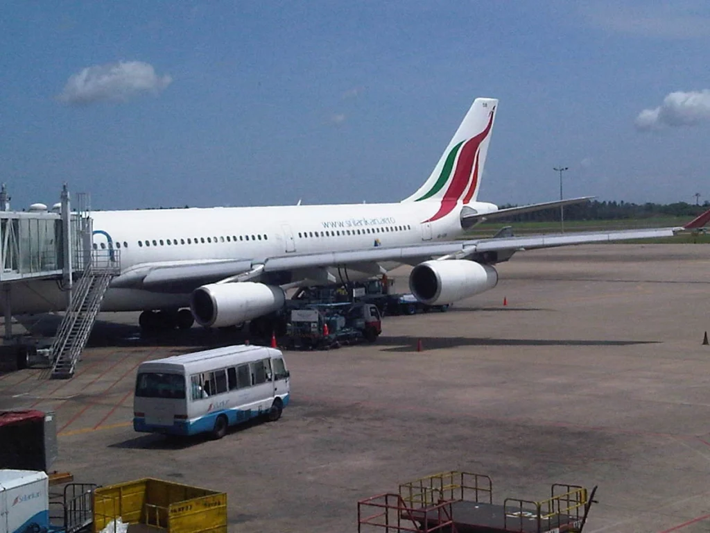 SriLankan Airlines passenger aircraft parked at Bandaranaike International Airport in Sri Lanka.