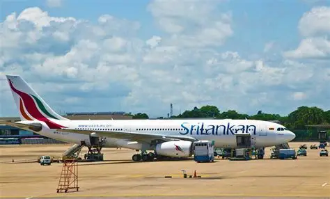 SriLankan Airlines passenger aircraft on the ground at Bandaranaike International Airport in Sri Lanka.