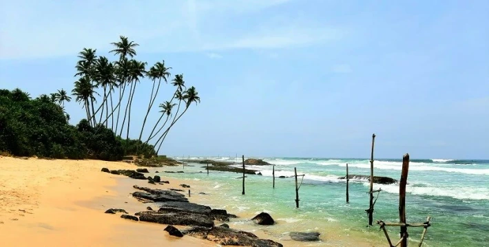Golden sandy Koggala Beach with turquoise Indian Ocean, coconut palms, and traditional stilt fishing poles on Sri Lanka's southern coast.