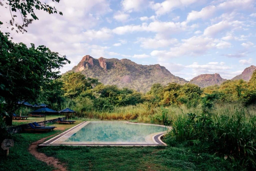 Luxury eco lodge overlooking the wilderness of Gal Oya National Park in eastern Sri Lanka.