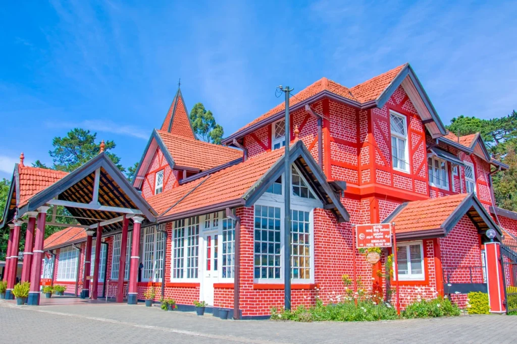 Historic Old Red Post Office in Nuwara Eliya showcasing British colonial Tudor architecture in Sri Lanka's hill country.