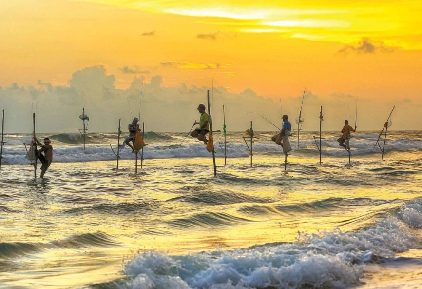 Traditional Sri Lankan stilt fishermen fishing at sunrise near Koggala on the southern coast of Sri Lanka.