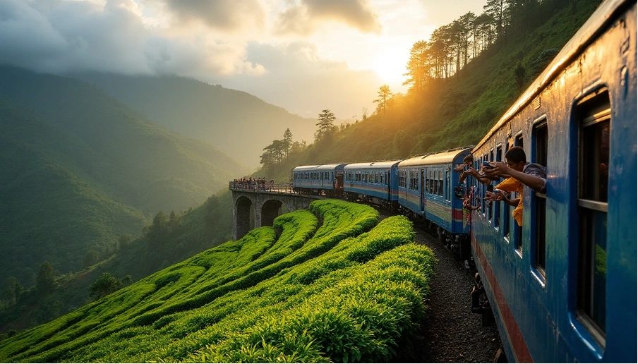 Blue passenger train winding through lush tea plantations and misty mountains in Sri Lanka’s scenic hill country.