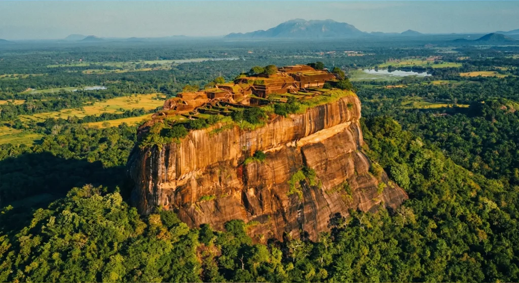 Wide aerial view of Sigiriya Rock Fortress rising dramatically above lush jungle and countryside in Sri Lanka.