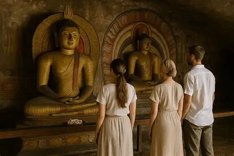 Travellers wearing modest clothing while observing Buddha statues inside a Buddhist temple in Sri Lanka.